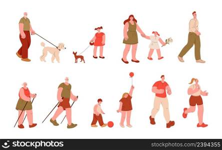 Cartoon people walking outdoor. Children and adults, senior activity. Isolated flat casual characters walk and running, happy mother kids vector set. Illustration of people character female and male. Cartoon people walking outdoor. Children and adults, senior activity. Isolated flat casual characters walk and running, happy mother and kicky kids vector set