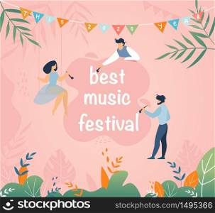 Cartoon People with Paintbrushes Creating Best Music Festival Lettering. Invitation Flat Banner. Vector Illustration with Plant Leaves Design over Pink Festive Backdrop. This 2020 Year Flags Garland. Best Music Festival Invitation Cartoon Banner
