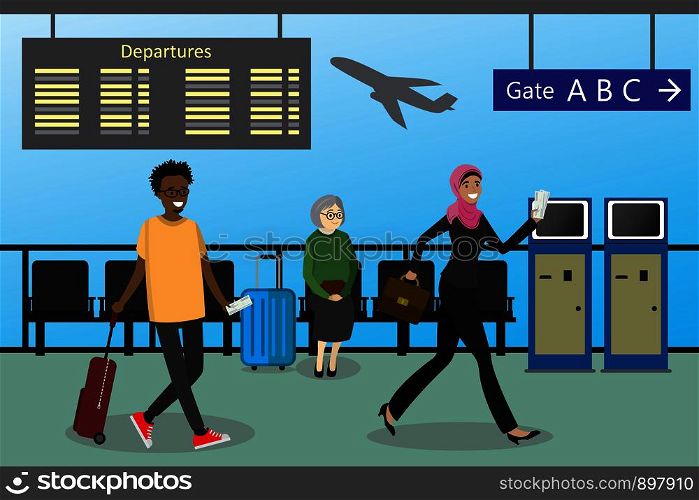 Cartoon People with suitcases and bags at the airport, departure board and gate sign,vector illustration.. Cartoon People with suitcases and bags at the airport