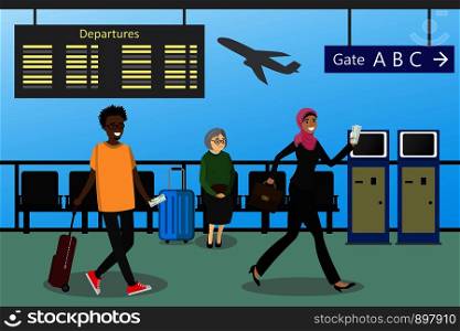 Cartoon People with suitcases and bags at the airport, departure board and gate sign,vector illustration.. Cartoon People with suitcases and bags at the airport