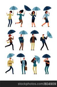 Cartoon people with umbrella in rainy day. Man and woman in raincoat under rain vector flat characters isolated. Female and male in rainy weather illustration. Cartoon people with umbrella in rainy day. Man and woman in raincoat under rain vector flat characters isolated