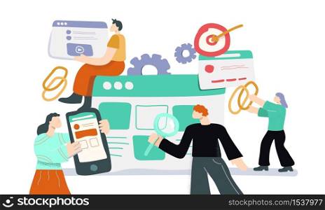 Cartoon people working as team link building development connection vector flat illustration. Group of doodle man and woman optimization web chain isolated on white. Digital marketing concept. Cartoon people working as team link building development connection vector flat illustration