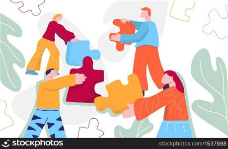 Cartoon people working together connecting puzzles pieces vector flat illustration. Doodle man and woman work as team hold puzzle isolated on white. Concept of teamwork, cooperation and partnership. Cartoon people working together connecting puzzles pieces vector flat illustration