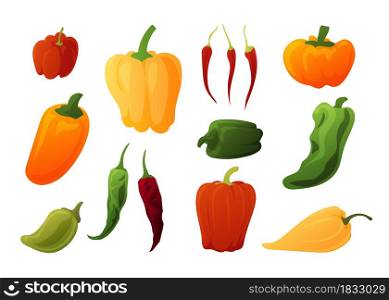 Cartoon pepper. Healthy organic vegetables. Orange and red sweet paprika. Spicy chilli bell and pimento. Green jalapeno. Isolated farm plants crop. Mexican cuisine ingredients. Vector seasoning set. Cartoon pepper. Healthy organic vegetables. Orange and red sweet paprika. Chilli bell and pimento. Green jalapeno. Isolated farm crop. Mexican cuisine ingredients. Vector seasoning set
