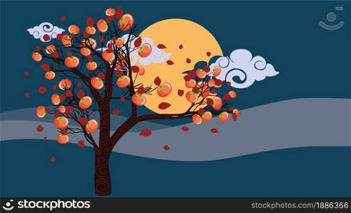 Cartoon Persimmon tree with ripe fruits, colorful leaves and moon, greeting card.