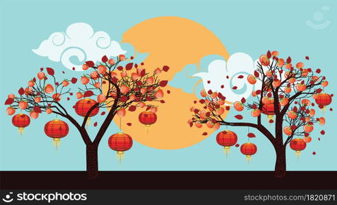 Cartoon Persimmon tree with ripe fruits, colorful leaves and red asian lanterns on branches with moon, greeting card.