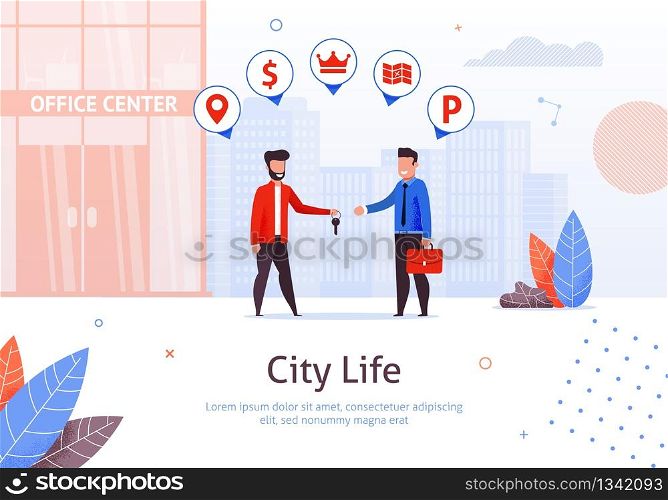 Cartoon Person Giving Key to New Office Worker with Suitcase Banner. City Life Vector Illustration. Providing Man with New Working Place with Office Center on Background. Occupation.. Cartoon Person Giving Key to New Office Worker.