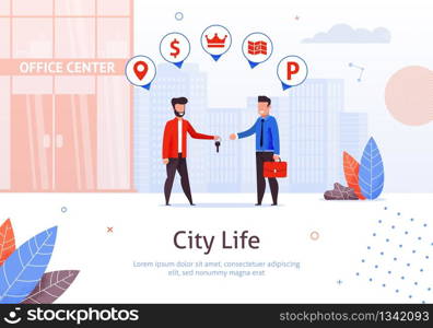 Cartoon Person Giving Key to New Office Worker with Suitcase Banner. City Life Vector Illustration. Providing Man with New Working Place with Office Center on Background. Occupation.. Cartoon Person Giving Key to New Office Worker.