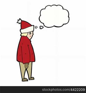 cartoon person in winter clothes with thought bubble