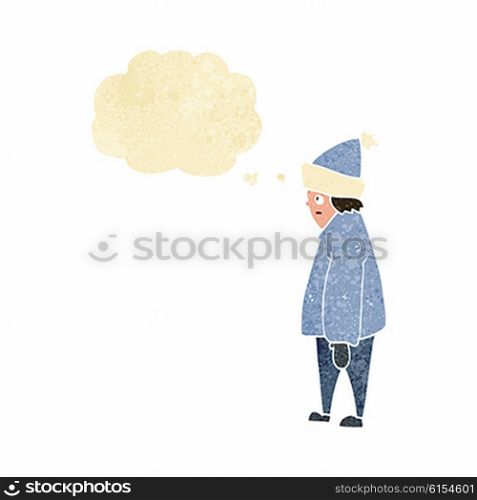 cartoon person in winter clothes with thought bubble