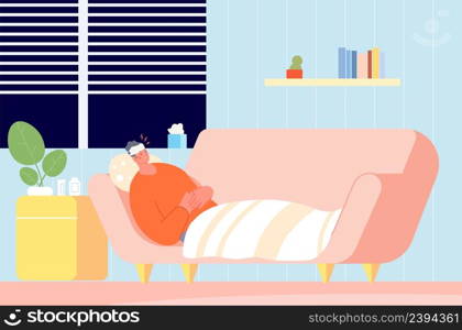 Cartoon person sick at home. Man on sofa with headache and medications. Flu or cold, tired and sleepy. Relax during quarantine vector scene. Illustration of suffer from influenza. Cartoon person sick at home. Man on sofa with headache and medications. Flu or cold, tired and sleepy. Relax during quarantine vector scene