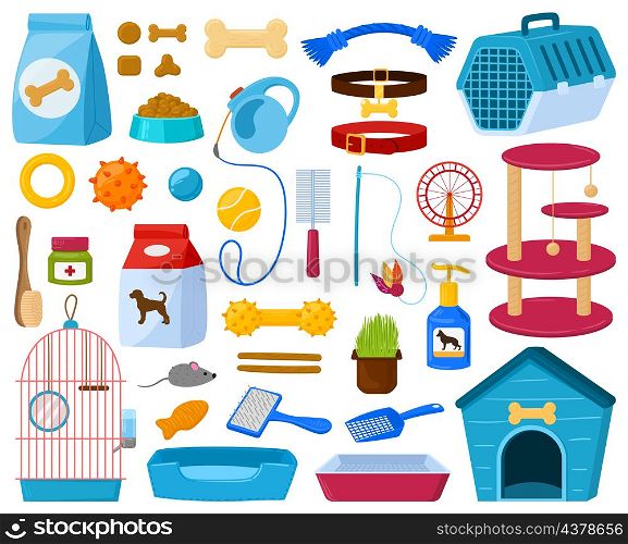 Cartoon pet shop accessories, cats, dogs food and toys. Dog and cat supplies, domestic animals care equipment. Vector illustration set. Pet shop assortment. Kitten and puppy collar, brush. Cartoon pet shop accessories, cats, dogs food and toys. Dog and cat supplies, domestic animals care equipment. Vector illustration set. Pet shop assortment