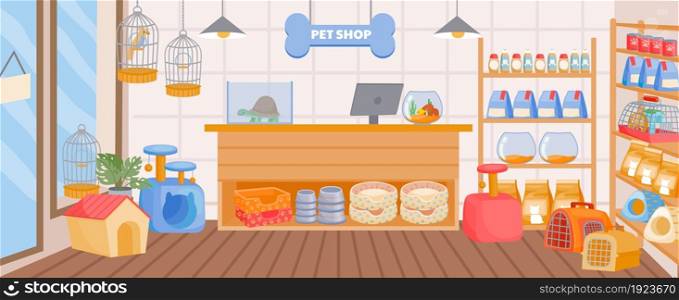 Cartoon pet store interior with counter desk and shelves. Empty animal shop indoor with accessory, toy, food. Zoo supermarket vector concept. Tools, products and snacks for domestic animals. Cartoon pet store interior with counter desk and shelves. Empty animal shop indoor with accessory, toy, food. Zoo supermarket vector concept