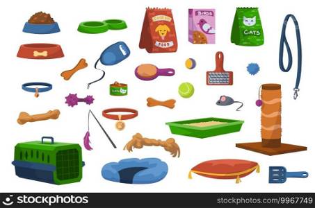 Cartoon pet toys. Assortment of veterinary store, products for dogs or cats. Collection of food bowl, collar and leash. Colorful throwing balls and biting bones. Vector merchandise for animal grooming. Cartoon pet toys. Assortment of veterinary store, products for dogs or cats. Collection of food bowl, collar and leash. Throwing balls and biting bones. Vector merchandise for grooming