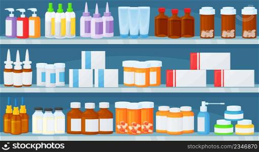 Cartoon pharmacy shelves with medical products and pill bottles. Medicines, medical drugs on drugstore shelf or showcase vector illustration. Medication assortment for healthcare, shop with remedies. Cartoon pharmacy shelves with medical products and pill bottles. Medicines, medical drugs on drugstore shelf or showcase vector illustration