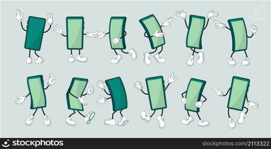 Cartoon phone character. Vector screen body smartphone mascot person with pop art hands and legs. Vector isolated set funny fun characters technology. Cartoon phone character. Vector screen body smartphone mascot person with pop art hands and legs. Vector isolated set