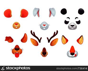 Cartoon phone masks. Funny animals ears, tongue and eyes. Brown dog bunny red fox panda bear mouse and deer mask for smartphone app avatar photos. Animal character faces colorful icons isolated. Cartoon phone masks. Funny animals ears, tongue and eyes. Brown dog bunny red fox panda bear mouse and deer mask. Animal faces vector set