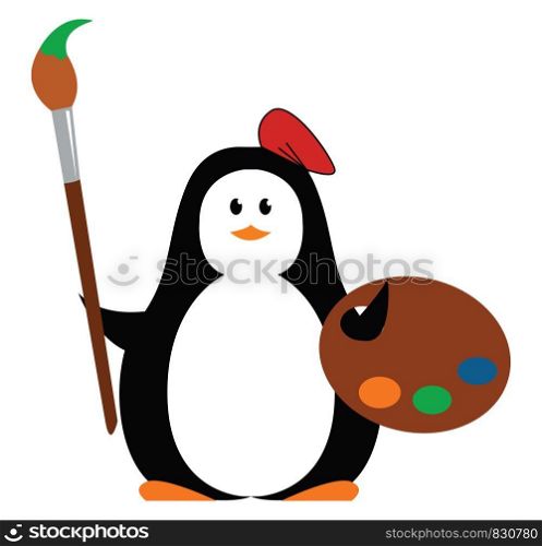 Cartoon picture of a cute little penguin disguised as a painter is holding a palette and brush in its right and left hands vector color drawing or illustration