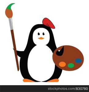 Cartoon picture of a cute little penguin disguised as a painter is holding a palette and brush in its right and left hands vector color drawing or illustration