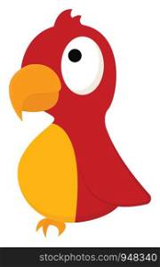 Cartoon picture of a red bird with the sharp yellow pointed curved bill with eyes rolled up is perched and set isolated on white background viewed from the side, vector, color drawing or illustration.