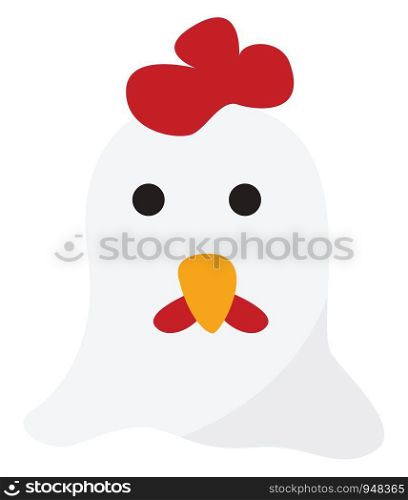 Cartoon picture of the face of a cute white rooster with a red crown, and wattle, yellow beak, and two black eyes looks beautiful and lovely, vector, color drawing or illustration.