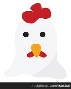 Cartoon picture of the face of a cute white rooster with a red crown, and wattle, yellow beak, and two black eyes looks beautiful and lovely, vector, color drawing or illustration.