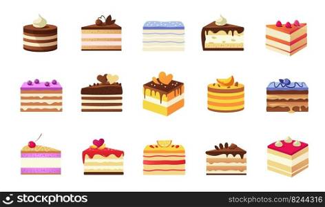 Cartoon piece of cake. Various colorful cake slices, cage and restaurant sweet dessert with cream glaze fruits and biscuits. Vector pastry pieces set. Orange, cherry, blueberry tastes