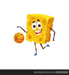 Cartoon piece of cheese personage playing basketball, vector food on sport. Funny cheese lump play basketball ball, funny character mascot for kids sport team or cheese snacks package. Cartoon cheese piece personage playing basketball