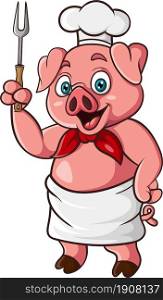 Cartoon pig chef holding a fork