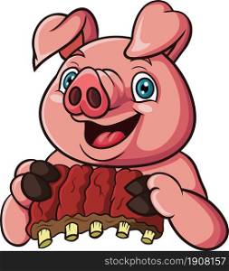 Cartoon pig holding meat ribs