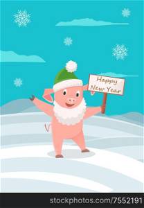 Cartoon pig in green hat and in Santa Claus beard with greeting card wishes Happy New Year. Piglet on winter landscape, snowflakes and hills of snow, vector. Cartoon Pig in Green Hat and in Santa Claus Beard