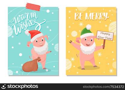 Cartoon pig in hat and in Santa Claus beard with greeting card wishes Happy New Year. Piglet with bag on winter background with snowflakes vector. Greeting Pig in Hat and in Santa Beard Vector