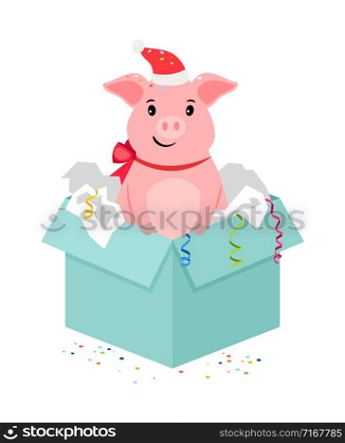 Cartoon pig in present box, Christmas or New Year gift, vector illustration. Cartoon pig in gift box