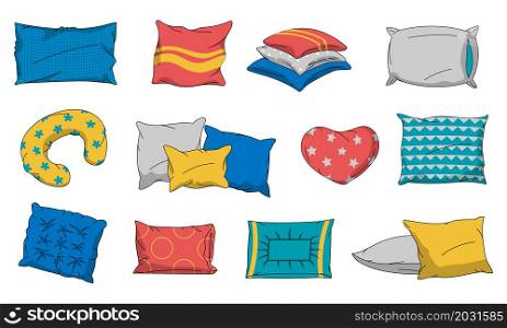 Cartoon pillow. Home interior bed and sofa textile decorating element. Sleep bedding and cozy comfortable cushion collection. Isolated bedroom or living room decoration. Vector comfort accessories set. Cartoon pillow. Home interior bed and sofa textile decorating element. Sleep bedding and comfortable cushion collection. Bedroom or living room decoration. Vector comfort accessories set