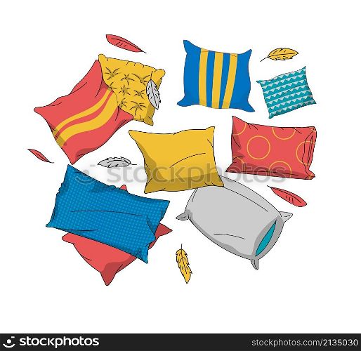 Cartoon pillows background. Soft textile home interior decoration elements. Group of cozy sleeping cushions and colorful feathers. Sofa or bed fluffy accessories. Comfort bedding. Vector illustration. Cartoon pillows background. Soft textile interior decoration elements. Group of cozy sleeping cushions and colorful feathers. Sofa or bed accessories. Comfort bedding. Vector illustration