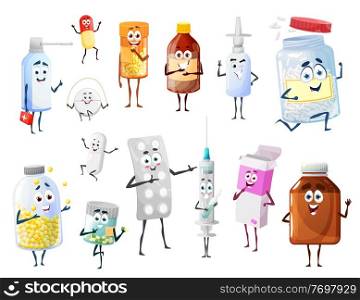 Cartoon pills and medicines, drugs funny vector characters. Pharmacy antibiotic, vitamins and vaccine, box, bottle and syringe, nasal and throat spray, smiling pills blister pack and funny capsules. Pills bottles, drugs and vaccine cartoon character