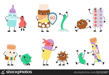 Cartoon pills and viruses scenes. Antibiotics fight with infection, cute medicine characters with shields. Healthy and power, treatment with tablets vector set of antibiotic medical pill character. Cartoon pills and viruses scenes. Antibiotics fight with infection, cute medicine characters with shields. Healthy and power, treatment with tablets decent vector set