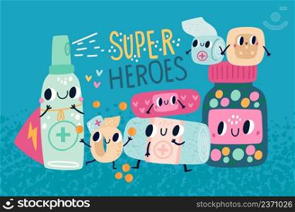 Cartoon pills characters. Funny medicines group with cute happy faces, hands and legs. Health care and diseases treatment concept. Sanitizer spray. Medical bandages. Tablets bottle. Vector kids poster. Cartoon pills characters. Funny medicines group with cute faces, hands and legs. Health care and diseases treatment concept. Sanitizer spray. Medical bandages. Tablets bottle. Vector poster