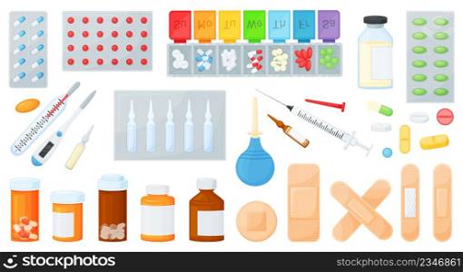 Cartoon pills in bottles or jars, medical drugs, medicines. Vitamin tablets, capsules in blister, plaster, first aid kit supplies vector set. Packages and box with supplements and medication. Cartoon pills in bottles or jars, medical drugs, medicines. Vitamin tablets, capsules in blister, plaster, first aid kit supplies vector set