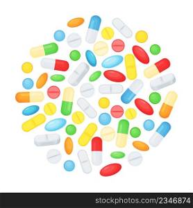 Cartoon pills in circle shape, medical capsules and tablets. Vitamins and antibiotics, different medications, healthcare vector background. Various medication, illness or disease treatment. Cartoon pills in circle shape, medical capsules and tablets. Vitamins and antibiotics, different medications, healthcare vector background