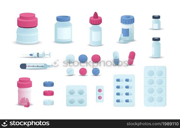 Cartoon pills. Medical antibiotic prescription drugs, pharmacy tablet drug and pill in blisters, colorful medicine painkillers. Capsules and vitamins in plastic and glass bottles vector isolated icons. Cartoon pills. Medical antibiotic prescription drugs, pharmacy tablet drug and pill in blisters, colorful medicine painkillers. Capsules and vitamins in plastic and glass bottles, vector icons