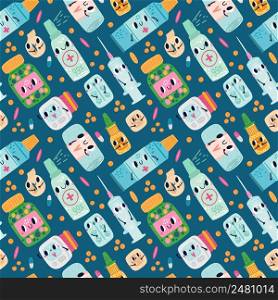 Cartoon pills seamless pattern. Cute print with smiling medicines. Funny comic pharmacology characters. Healthcare wallpapers. Medical bandages and syringe. Drug bottles or blisters. Vector background. Cartoon pills seamless pattern. Cute print with smiling medicines. Comic pharmacology characters. Healthcare wallpapers. Medical bandages and syringe. Drug blisters. Vector background