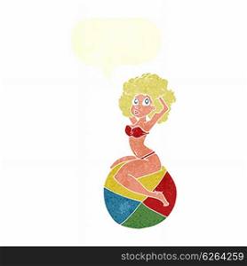 cartoon pin up girl sitting on ball with speech bubble
