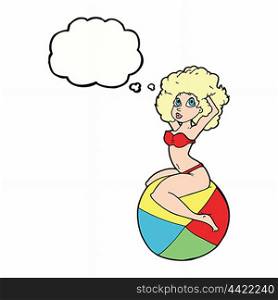 cartoon pin up girl sitting on ball with thought bubble