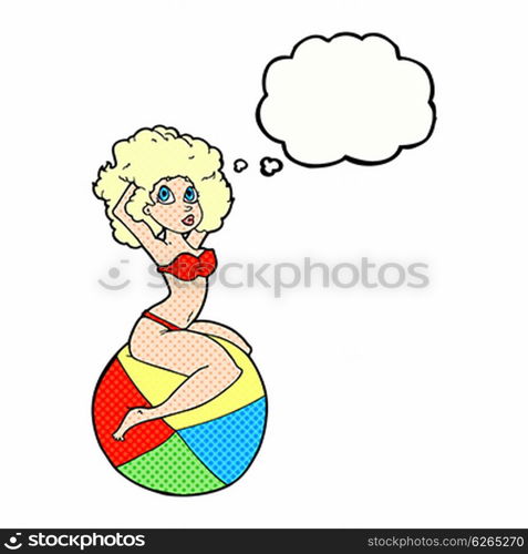 cartoon pin up girl sitting on ball with thought bubble