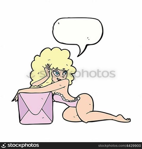 cartoon pin up woman with box with speech bubble