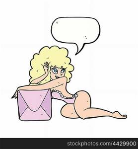 cartoon pin up woman with box with speech bubble