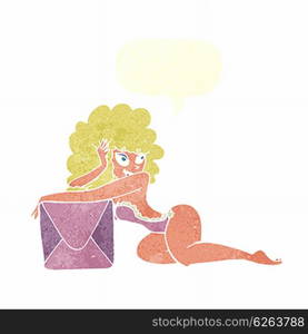 cartoon pin up woman with box with speech bubble