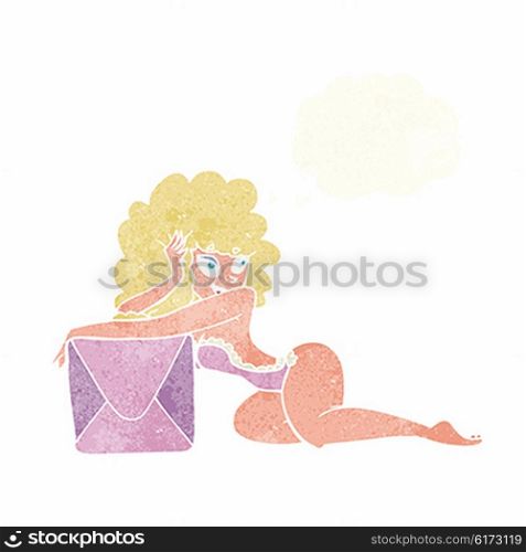 cartoon pin up woman with box with thought bubble