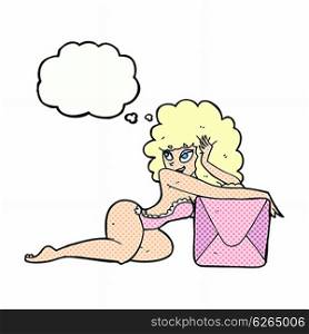 cartoon pin up woman with box with thought bubble